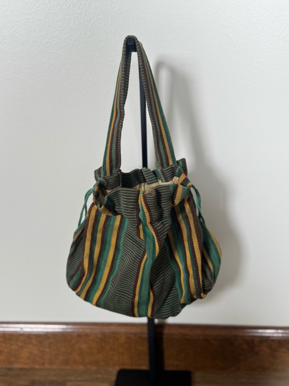 90s Vintage Hippie Boho Artisan Cotton Earthy Striped Hammock Bag Mini